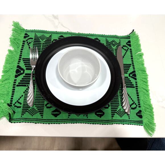 Vintage Boho Geometric Woven Placemats Set of 6 Green Black Fringe Decor Art - Picture 2 of 5